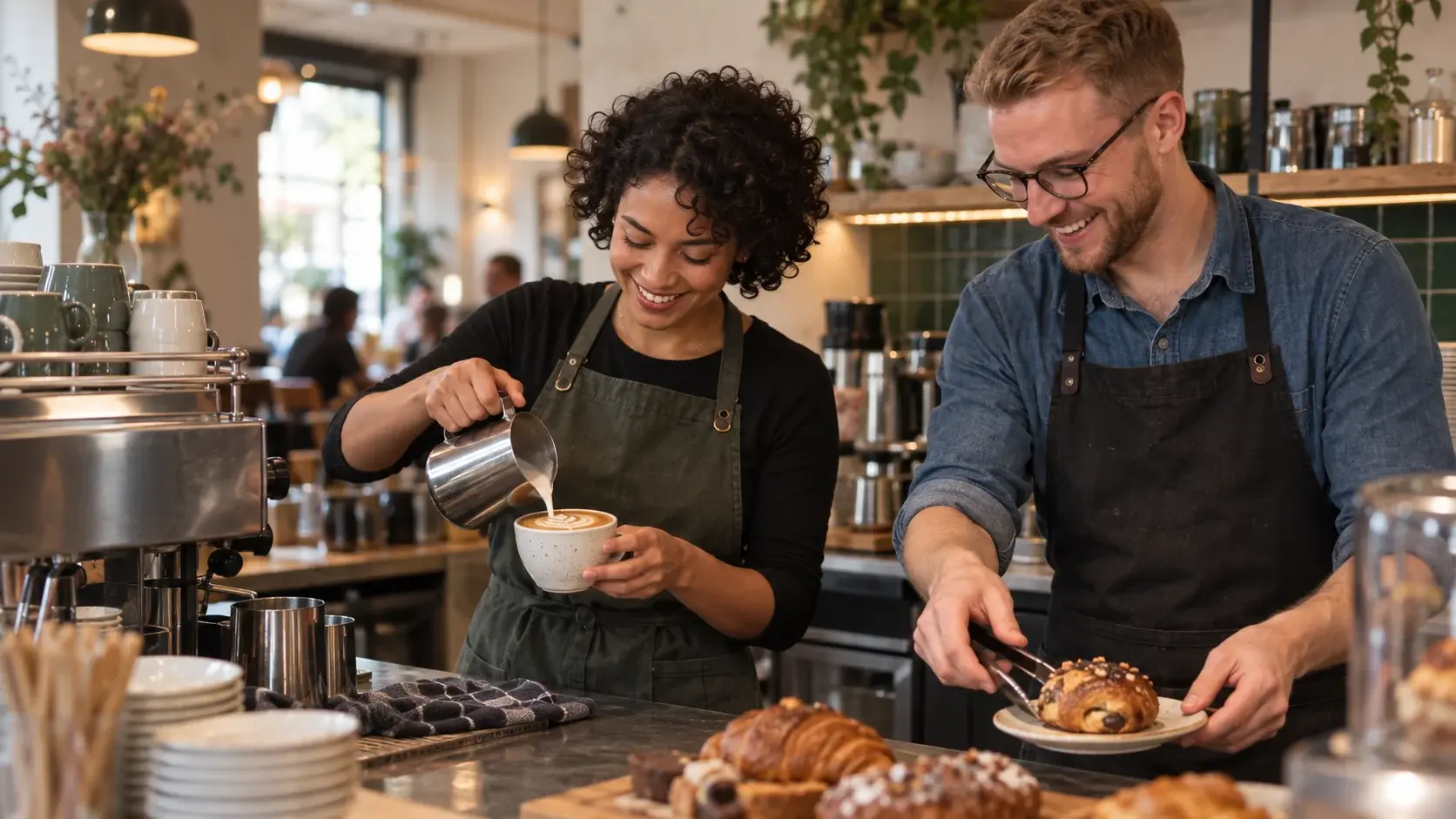 Twee collega's achter de bar: koffie inschenken en gebak uitserveren