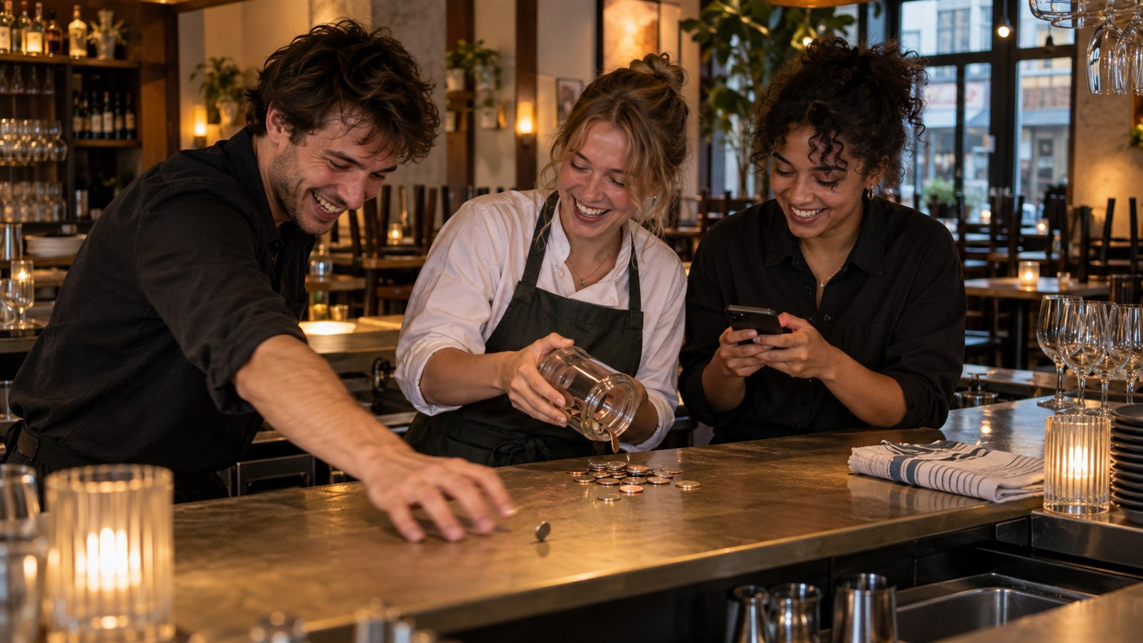 Drie horecacollega's lachen om een wegrollend muntje terwijl ze de fooi verwerken
