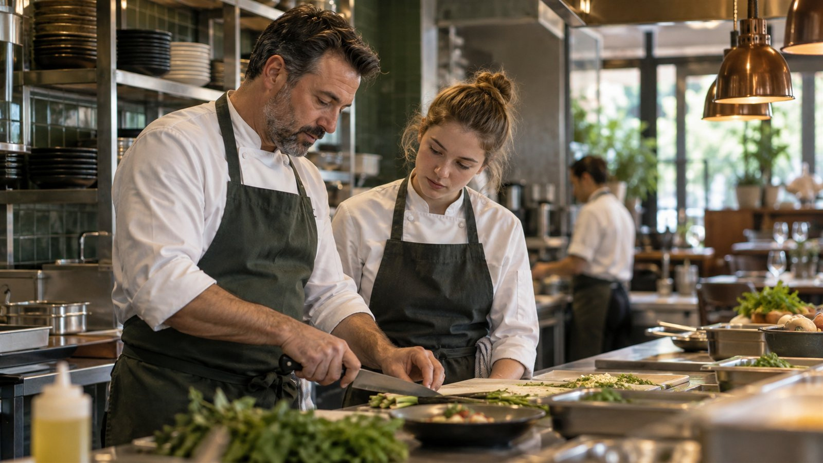 Ervaren chef helpt een collega met de juiste techniek in de keuken