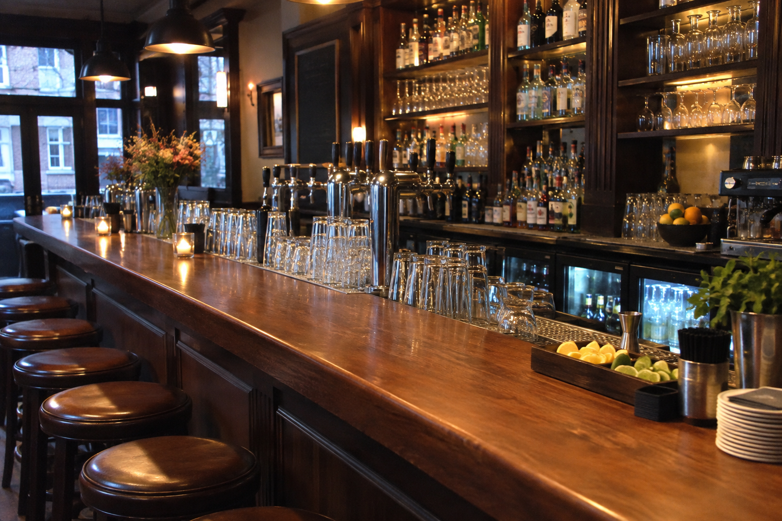 Een lege bar die volledig is klaargezet voor de avond