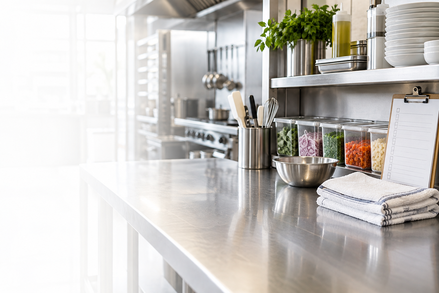 Een opgeruimde professionele keuken met een checklist en voorbereide werkplek