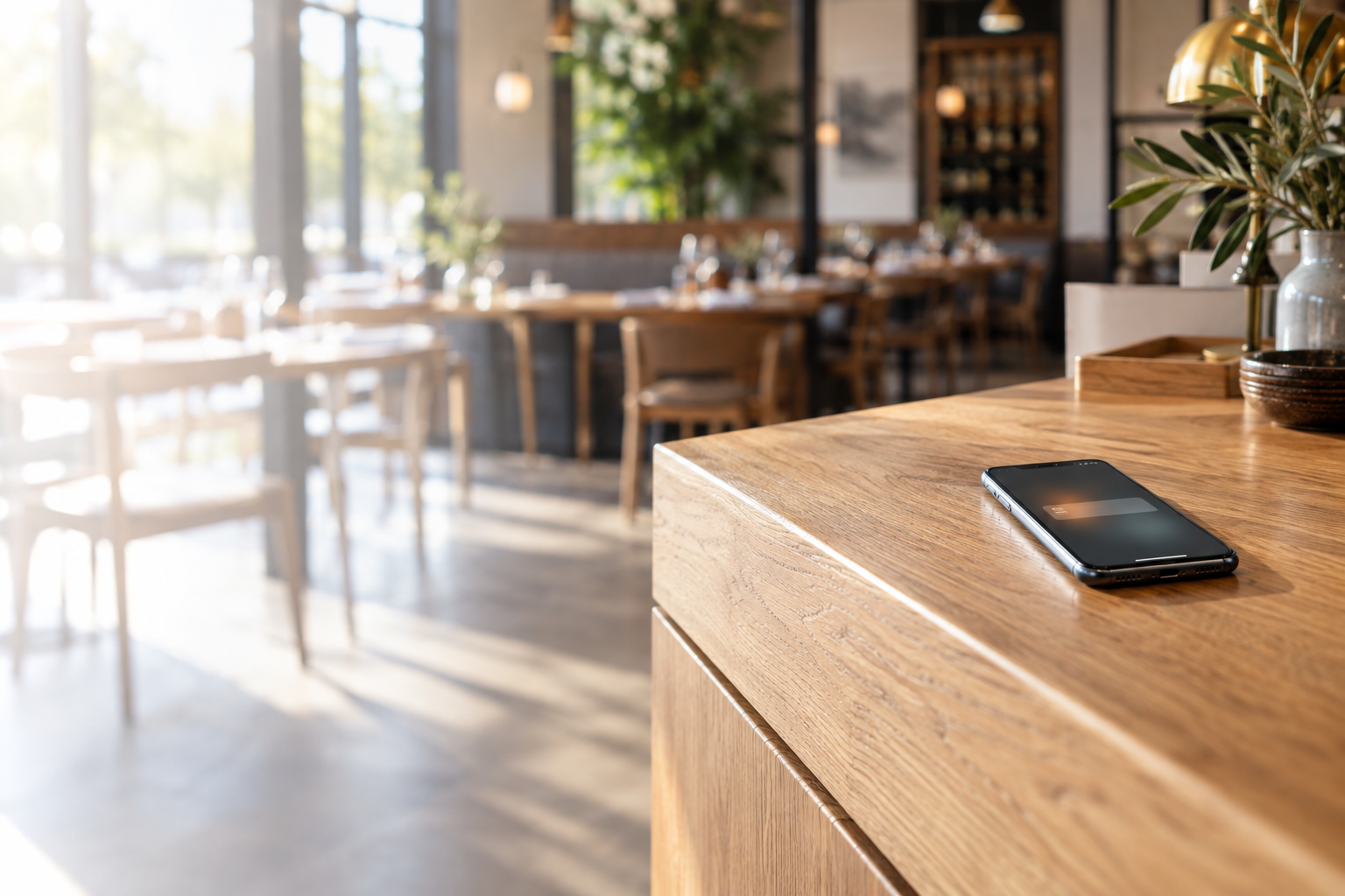 Een telefoon met een melding op de servicebalie van een restaurant
