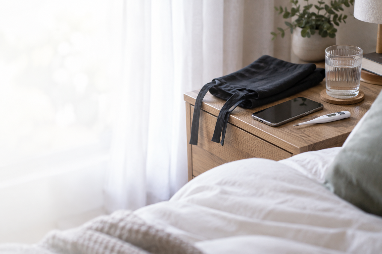 Een telefoon, werksschort en thermometer op een rustige ochtend