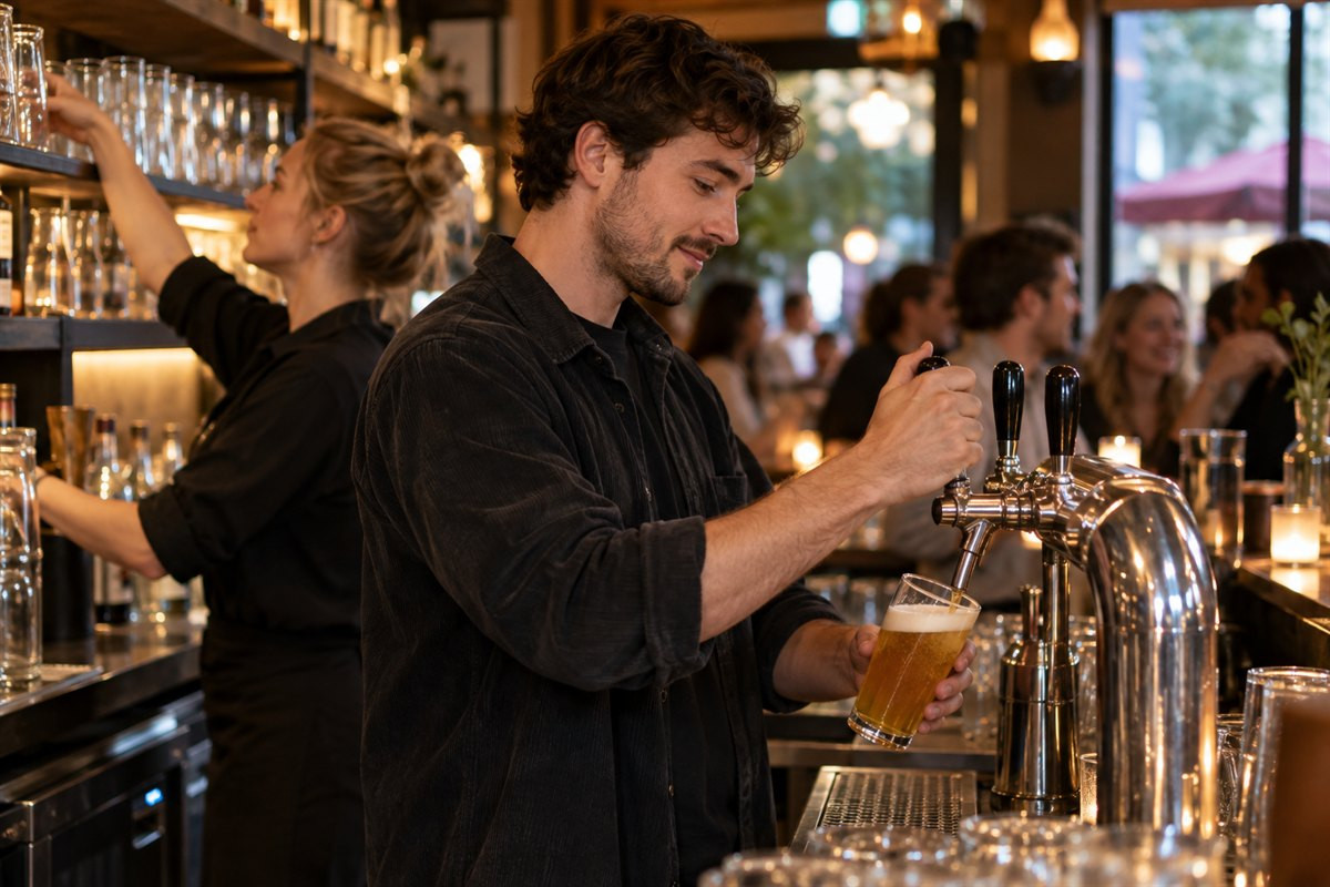 Barman tapt bier tijdens een levendige vroege avond aan de bar