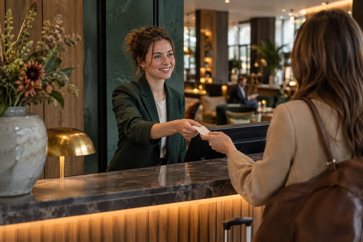 Hotelreceptionist helpt een aankomende gast aan de balie