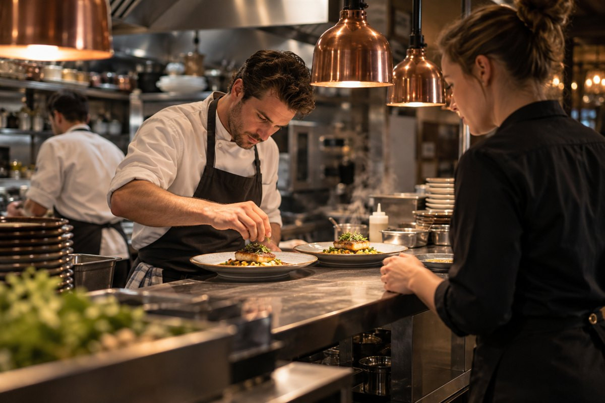 Chef maakt tijdens de avondservice borden op terwijl de bediening klaarstaat