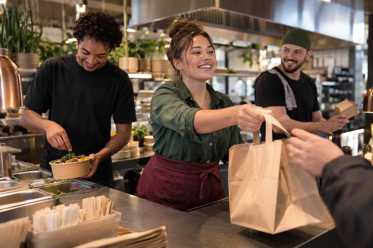 Afhaalteam verwerkt samen bestellingen tijdens de lunchpiek