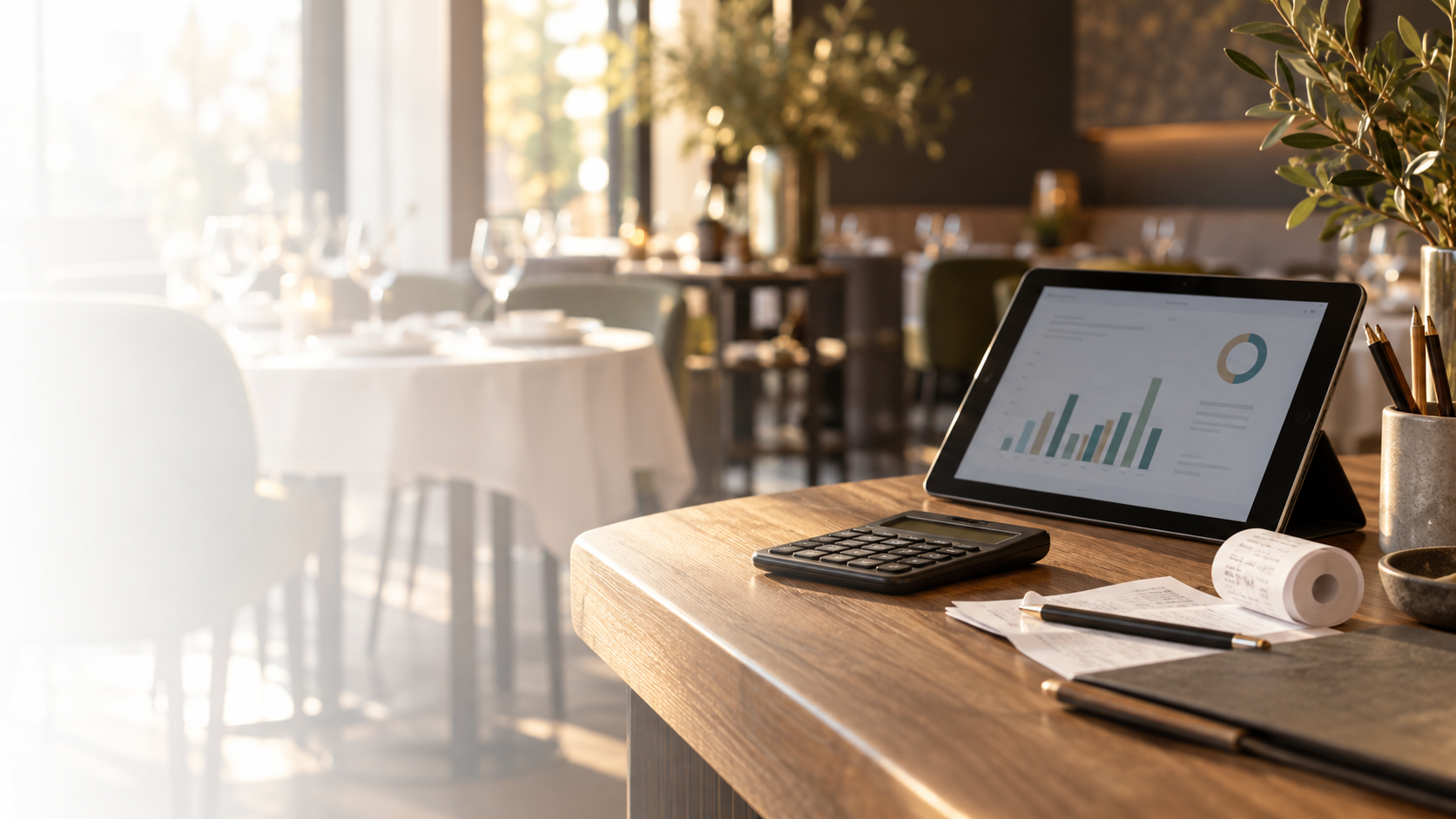 Een tablet en calculator voor het bewaken van restaurantkosten
