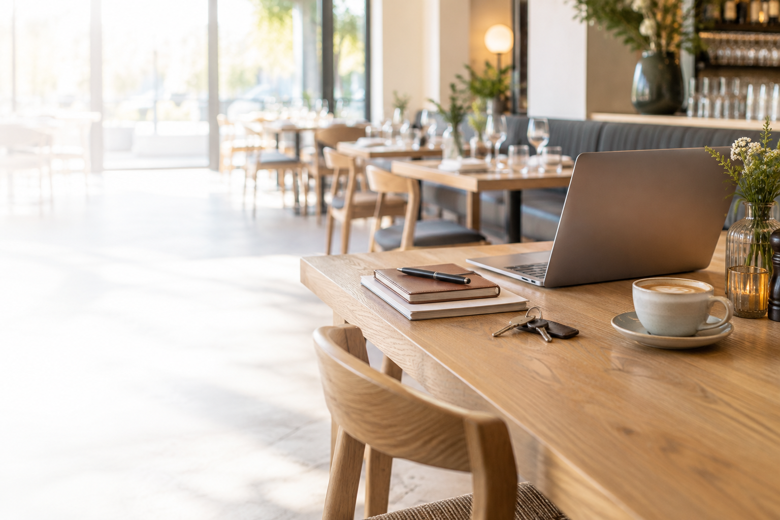 Een rustige werkplek in een restaurant met laptop, notitieboek en sleutels