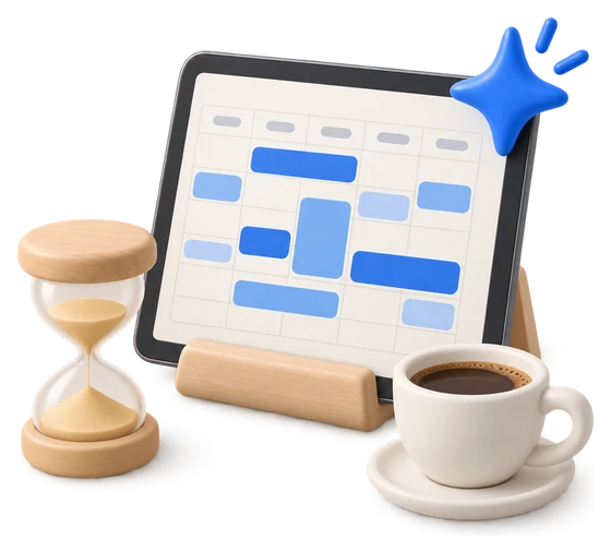Een tablet met een ingevuld weekrooster, een zandloper en een kop koffie