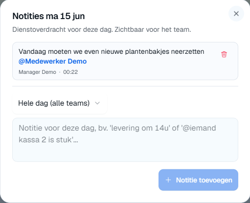 De roosternotitie voor maandag 15 juni: nieuwe plantenbakjes neerzetten, getagd op Medewerker Demo