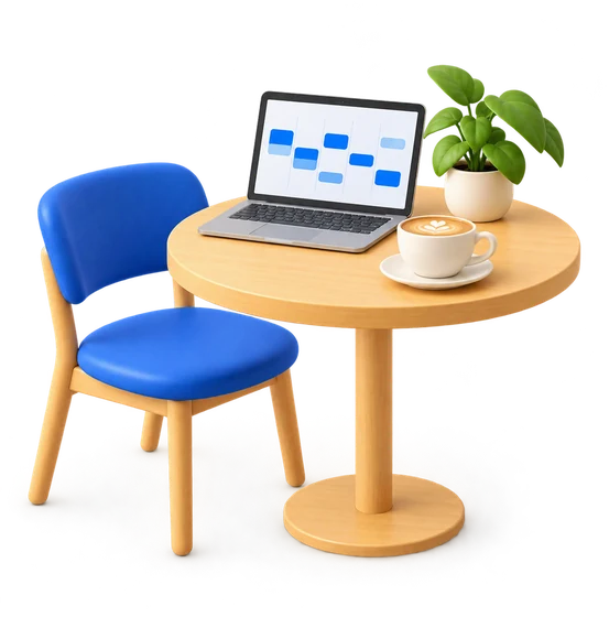 Een cafétafel met een laptop met het weekrooster en een cappuccino