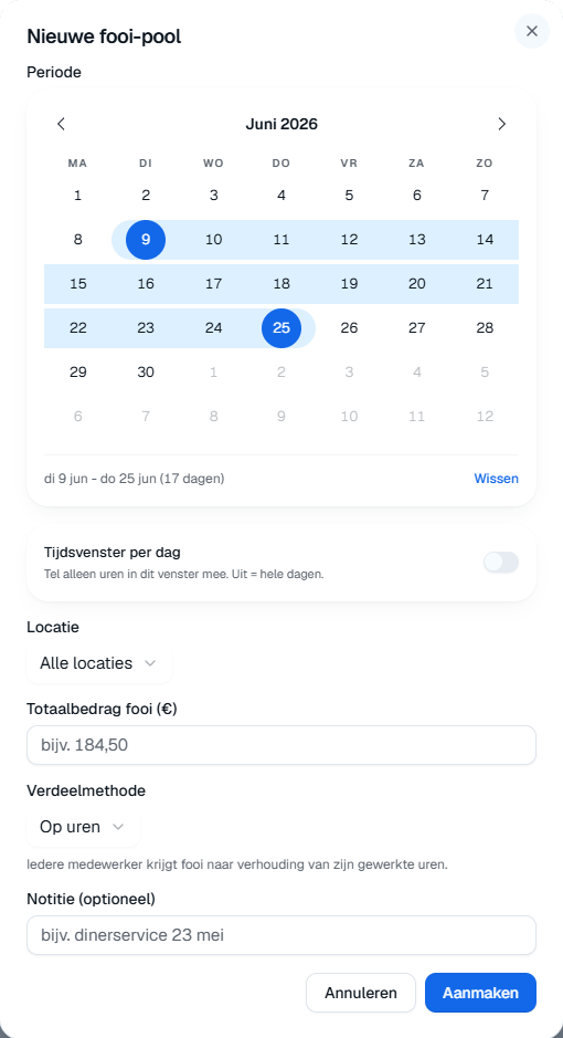 Venster "Nieuwe fooi-pool" met de periode, het totaalbedrag en de verdeelmethode op uren