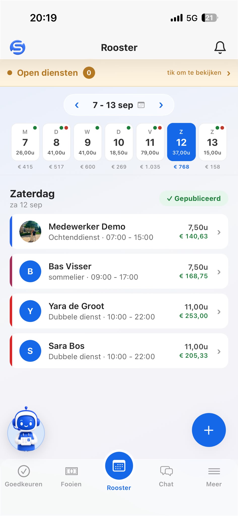 Het gepubliceerde rooster van zaterdag in de SmartShifter-app op een telefoon, met de diensten van die dag onder elkaar