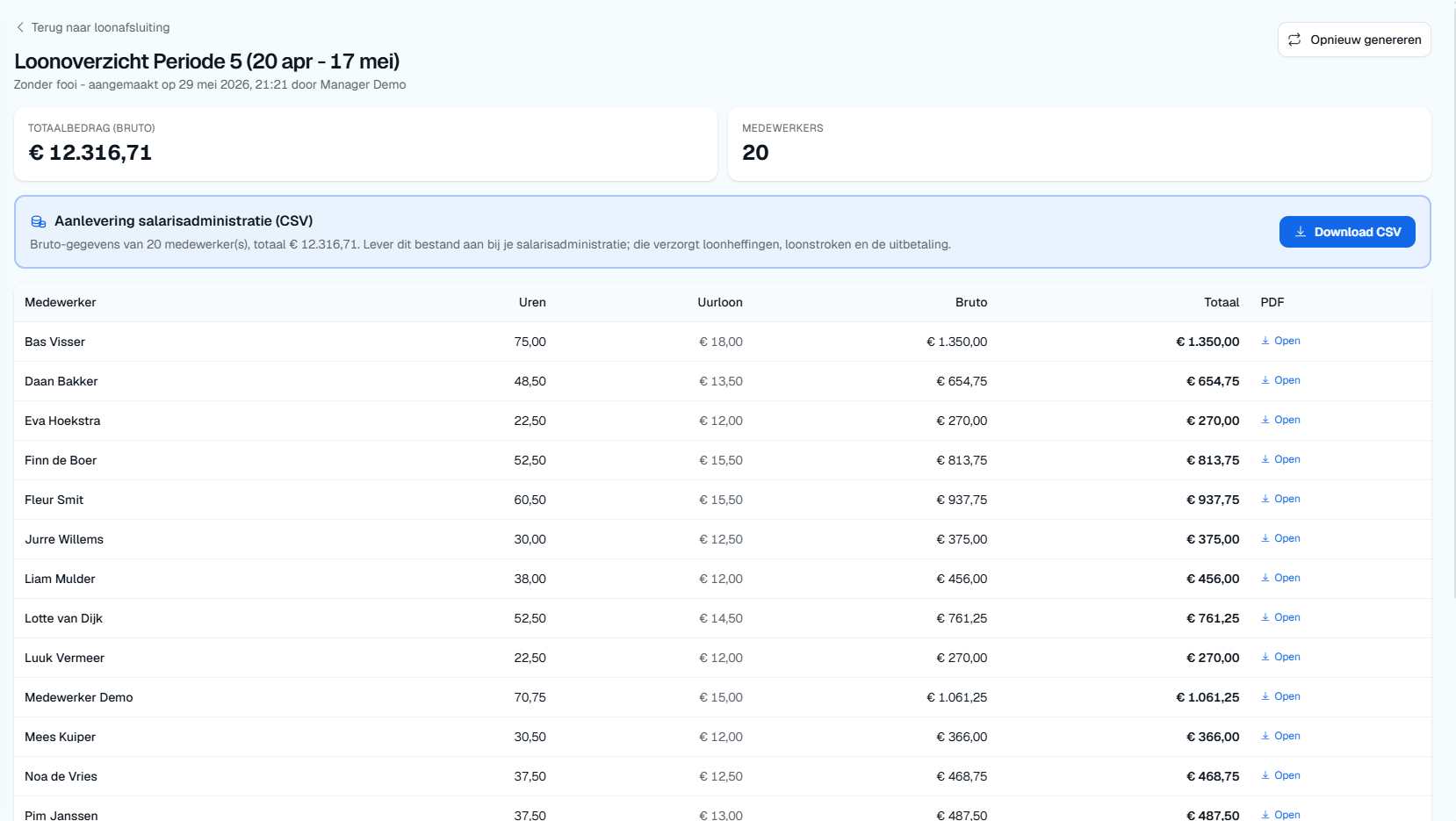 Loonoverzicht van een periode in SmartShifter met bruto-bedragen per medewerker en CSV-aanlevering voor de salarisadministratie