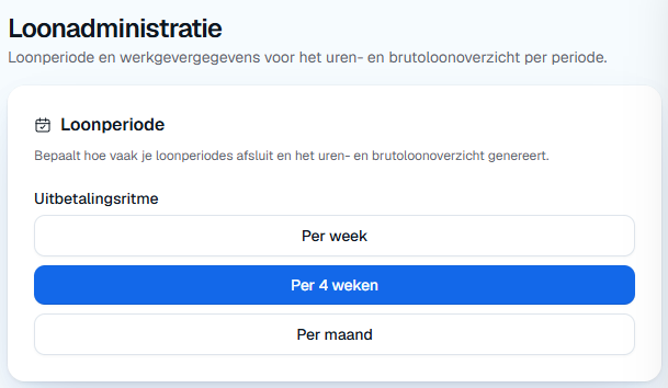 Instellingenscherm voor de loonperiode in SmartShifter: per week, per 4 weken of per maand