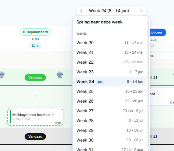 Weekkiezer "Spring naar deze week" met een lijst van weken om naartoe te springen