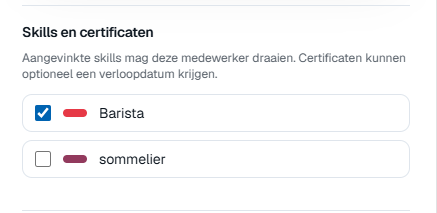 Instelling "Skills en certificaten" per medewerker met aanvinkbare skills