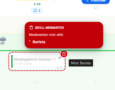 Rode skill-mismatch melding: medewerker mist de skill Barista voor deze dienst