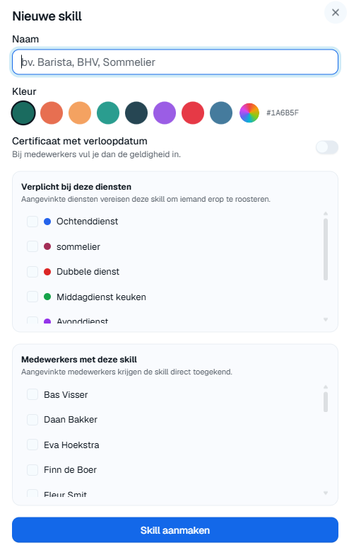 Venster "Nieuwe skill" met naam, kleur, certificaat met verloopdatum, en de diensten die de skill verplicht stellen