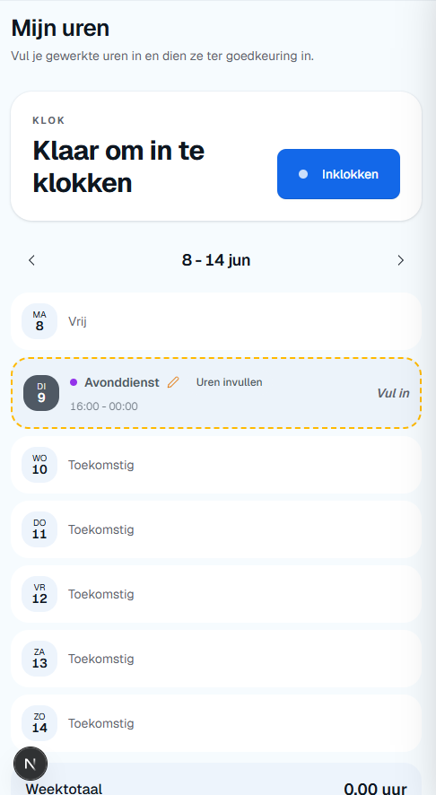 De "Mijn uren" app met een grote Inklokken-knop en de week eronder