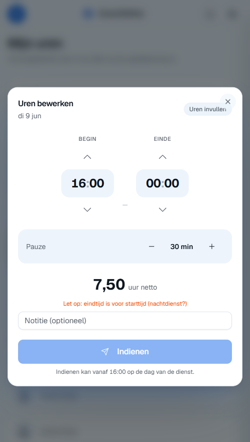 Venster "Uren bewerken" met begin- en eindtijd, pauze en de netto-uren, klaar om in te dienen