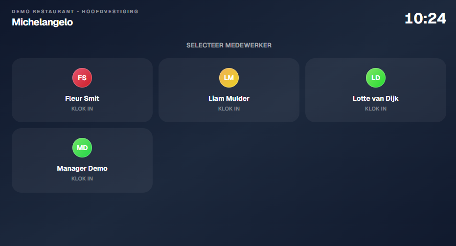 De kiosk op een tablet: medewerkers kiezen hun naam en klokken in