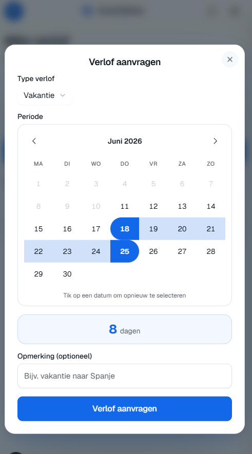 Venster "Verlof aanvragen" met type verlof, een kalender om de periode te kiezen en het aantal dagen