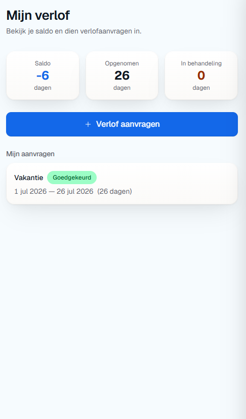 De "Mijn verlof" app met het saldo, opgenomen dagen, lopende aanvragen en de eigen aanvragen eronder